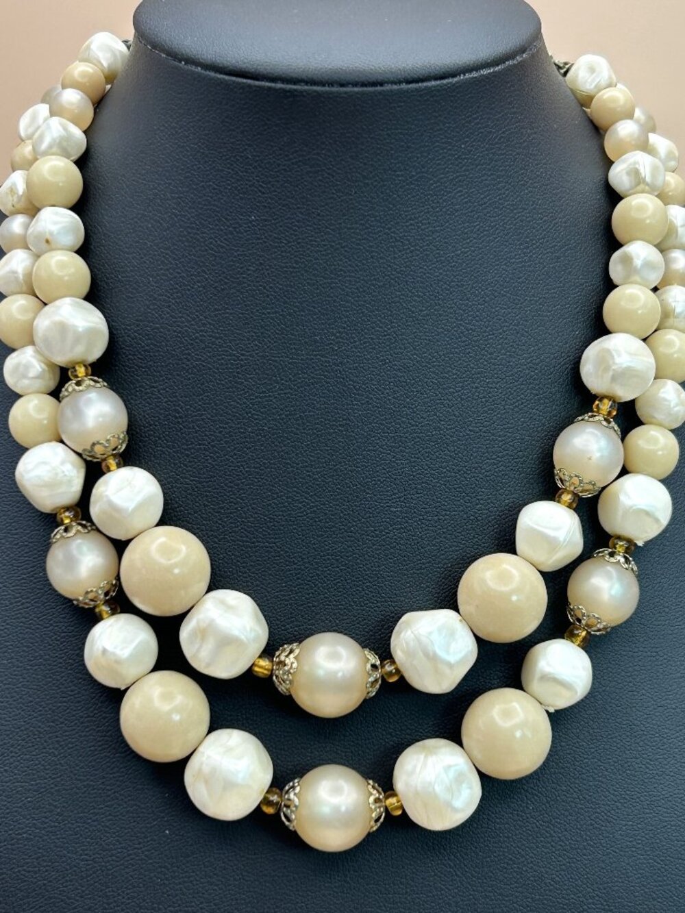 Vintage STAR Double Strand Beaded Necklace Lucite Faux Pearl Mid-Century
